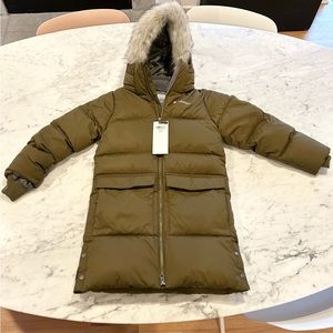 Columbia Kids down feather long knee length Puffer Jacket Olive Faux Fur Hood